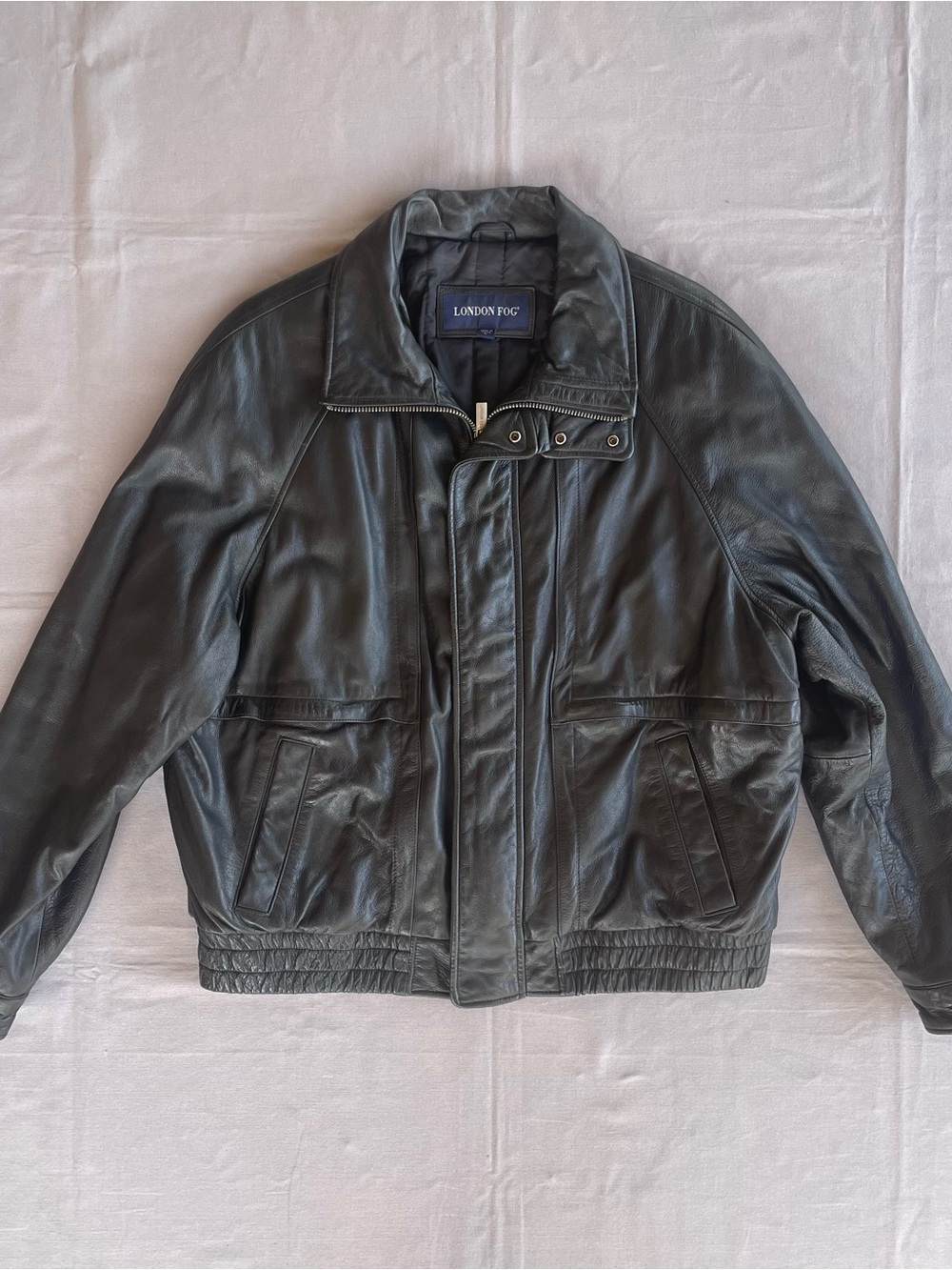 London Fog Leather Jacket Mens size L black Bomber Lined Coat Soft Zip Quilted